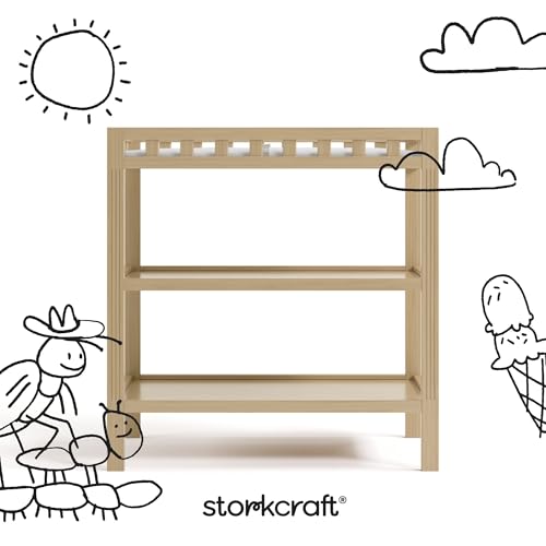 Storkcraft Morningside Changing Table (Driftwood) – GREENGUARD Gold Certified Baby Changing Table, Includes Waterproof Diaper Changing Pad, Easy 30-Minute Assembly, 2 Open Shelves for Storage
