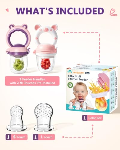 Baby Solids/Frozen Fruit Feeder Pacifier, Infant Teether Toy 4M+, BPA-Free Silicone Pouch & Nipple, Safely Introduce Solids, Teething Relief, 2-Pack