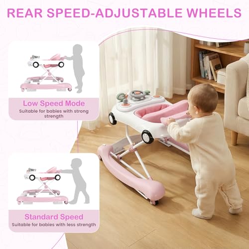 Baby Walker, 5-in-1 Baby Walker for Boys and Girls with Bouncer, Removable Footrest, Music, Foldable & Adjustable Speed Wheels Activity Walker for 6-18 Months Toddler Infant(Pink)