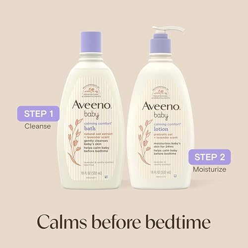 Aveeno Baby Nighttime Calming Comfort Bath, Baby Body Wash for Skin & Hair with Natural Oat Extract, Soothing Lavender & Vanilla Scent, Tear-Free Formula, No Added Parabens & Phthalates, 18 Fl Oz