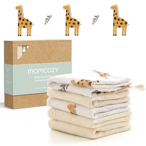 Momcozy Baby Washcloths - 4 Layer Design| Medium Thickness| Soft & Absorbent| Premium Cotton for Newborns'Skin-Great for Bathing, Wiping & on-the-go Use, Shower Gift and Essential(5 Pack, 10x10 inch)