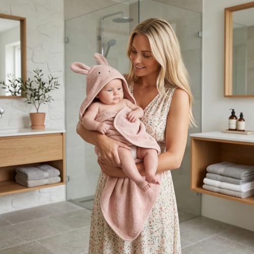 Huxie Hooded Baby Towel – 100% Organic Cotton Baby Bath Towels – Baby Girl Newborn Essentials - Super-Soft and Absorbent. (Rabbit - Blush)
