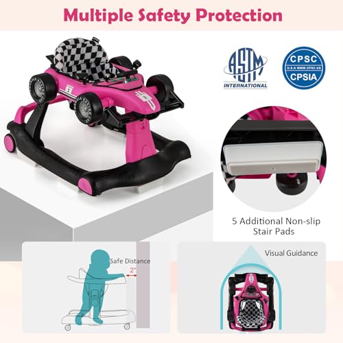 HONEY JOY 4-in-1 Baby Walker, Activity Push Walker w/3 Adjustable Heights, Smooth Wheels w/Adjustable Speed, Padded Seat, Music & Light, Foldable Car Walker for Baby Boys Girls Age 6 Months+ (Pink)