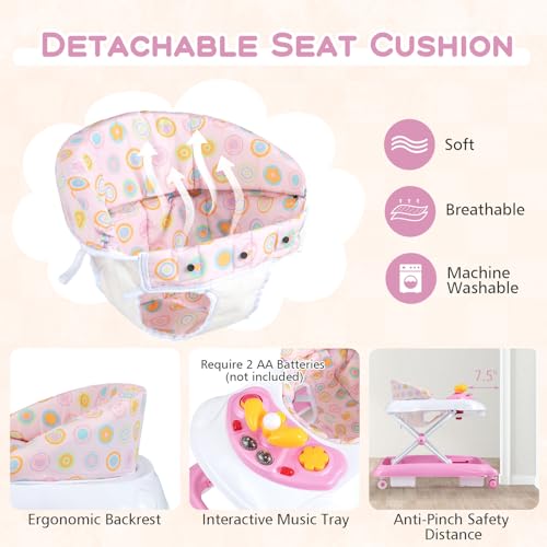 BABY JOY Baby Walker, 4 in 1 Foldable Activity Walker with Adjustable Height, Music, Lights, Anti-Rollover Toddler Push Walker, Baby Walker with Wheels for Boys Girls 7-14 Months (Pink)