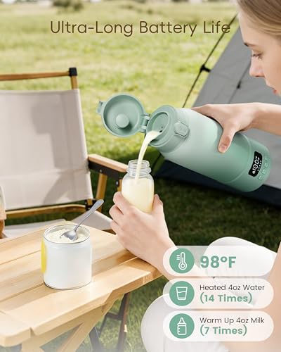 Portable Bottle Warmer for Travel, 17oz Large Capacity, 2-Min Fast Heating, Keep Warm Function, Long Battery Life, Ideal for Heating Breast Milk and Water On-the-Go, Green