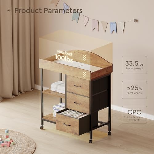 YeTom Changing Table Dresser, Baby Dresser with 3 Fabric Drawers and 2 Shelves, Multi-Functional Baby Changing Table with Pad, Classic Nursery Dresser, Diaper Changing Station, Rustic Brown