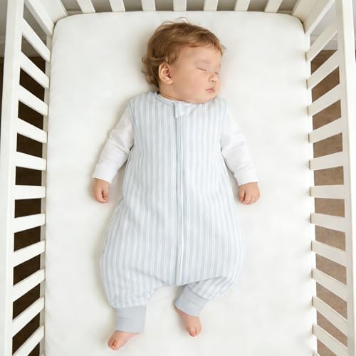 SPRINGSPIRIT Toddler Sleep Sack with Feet 18-24 Months 2 Pack, 100% Cotton Wearable Blanket for Baby 2T, 2-Way Zipper Baby Sleeping Sack with Legs for Boys and Girls, Blue Stripe & Flower
