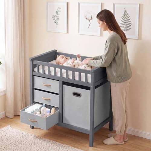 INFANS Wooden Baby Changing Table with Comfy Changing Pad, 3 Fabric Drawers, Laundry Hamper, Safety Belt, Diaper Station Dresser for Nursery Infant (Light Gray)