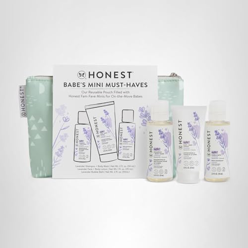The Honest Company Babe's Mini Must Haves Gift Set Travel Size Hypoallergenic Lavender Bathtime Essentials Shampoo Body Wash (2 fl oz) Face Lotion (1 Bubble Bath