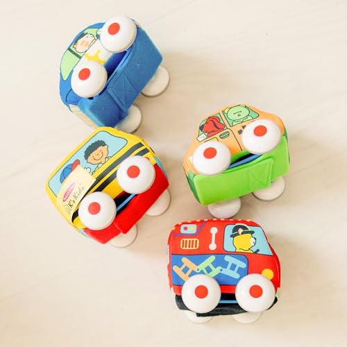 Melissa & Doug K's Kids Pull-Back Town Vehicle Set - Baby Toys Set with 4 Soft Toy Cars and Trucks, Surface Washable with Removable Wheels, Learning Toys for Babies and Toddlers
