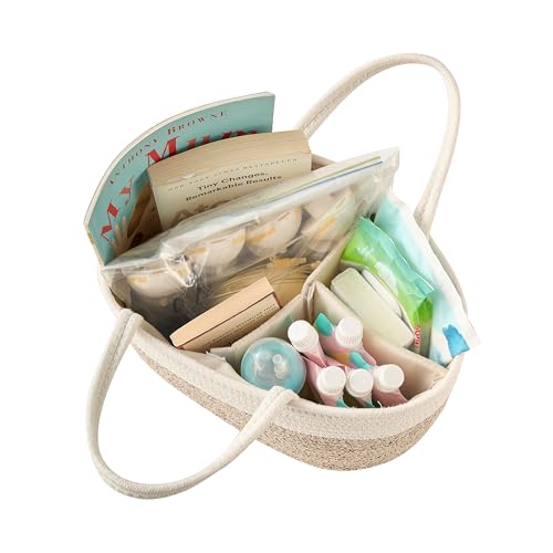 Kodomoore Diaper Caddy Organizer, Empty Gift Basket for Newborn Essentials, Baby Storage Basket, Stylish Gift Bag for Baby Shower, Boys and Girls - Small, White&Beige Brown