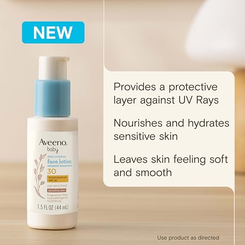 Aveeno Baby Daily Moisture Face Lotion & Mineral Sunscreen with SPF 30, Oat Enriched Face Moisturizer for Babies & Broad-Spectrum Sun Protection for Sensitive Skin, Fragrance-Free, 1.5 fl. oz