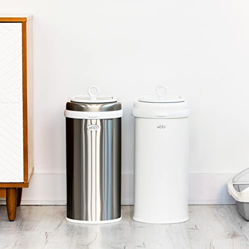 Ubbi Pet Waste Pail, Odor-Locking Cat Litter Disposal System, Stainless Steel Pet Waste Can with Safety Lock & Scoop, No Special Bags Required, White