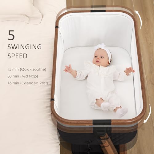 ANGELBLISS Electric Baby Bassinet Bedside Sleeper with Auto Rocking, Remote/Touch Control, 3 Timer Modes, 12 Sounds, 6 Heights, Storage & Wheels (Black)