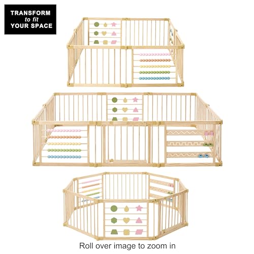 ZETY Natural Wood Baby Playpen – 8 or 10 Panel Foldable Play Yard with Door Panel and Built-in Toys, CPC Certified & SGS Tested