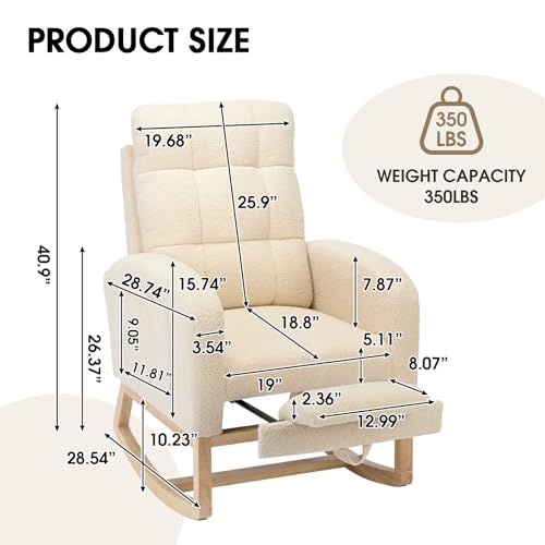 NIOIIKIT Modern Nursery Rocking Chair, Teddy Upholstered Rocking Chair with Footrest, Comfortable Rocker Recliner with Side Pocket, Rocker Glider for Living Room, Bedroom, Nursing Room (Beige)