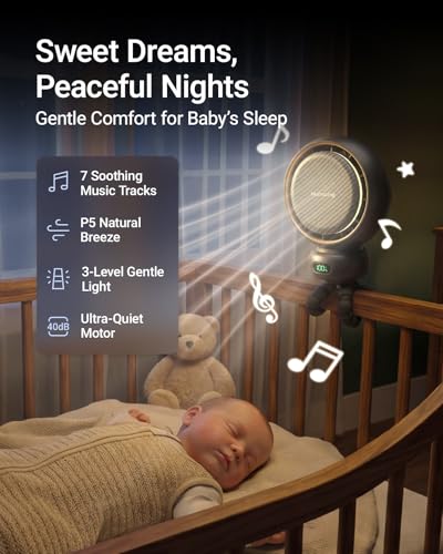 MAMAZING Portable Stroller Fan, 5 Speeds with Natural Wind & 70° Auto Oscillation, 5000mAh USB-C Rechargeable, LED Display, Soothing Songs, Clip Fan for Stroller, Car, Crib, Camping, Outdoor & Indoor