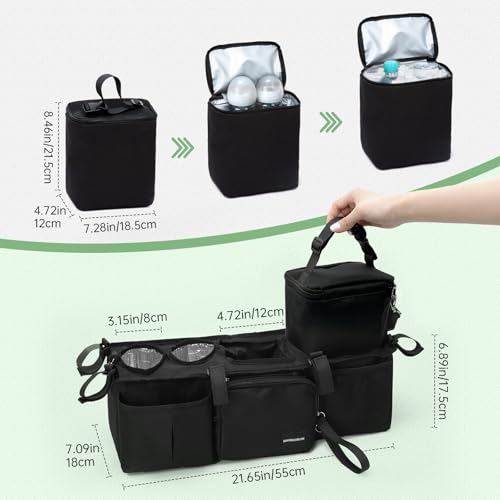 Double Stroller Organizer for Bob Duallie with 2 Insulated Cup Holders & Cooler Bag, Baby Jogger City Mini Gt2 Jeep Double Stroller Caddy Accessories, Universal Parent Console Stroller Organizer