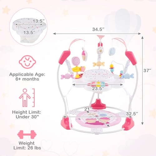 HONEY JOY Baby Bouncer Activity Center, Infant Jumper and Table w/ 360° Rotary Seat, 3 Adjustable Heights, Mat, Music, Lights, Sounds & Developmental Toys, Activity Center for Babies (Pink)