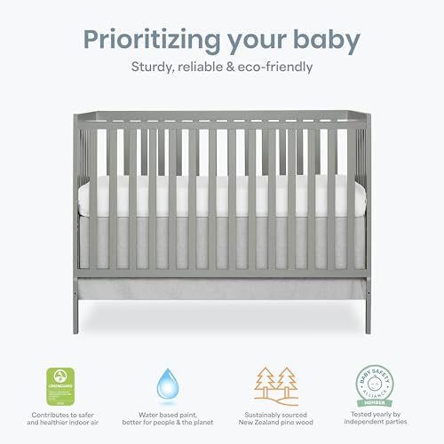 Dream On Me Synergy 5-in-1 Convertible Full-Size Baby Crib with Toddler, Day & Full Bed Conversion in Cool Grey, GreenGuard Gold & BSA, 3 Mattress Heights, Sustainable Pinewood