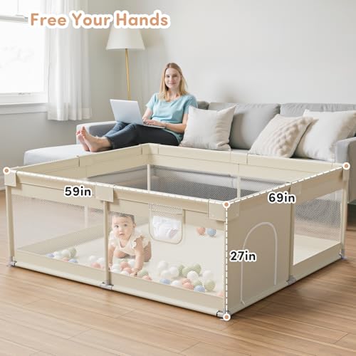 Mloong Large Baby Playpen for Toddler - 69×59in Babies Play Pen Playard Active Center Beige