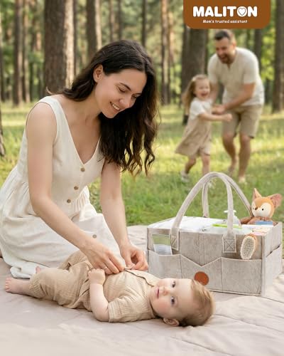 Maliton Baby Diaper Caddy Organizer for Changing Table, Nursery Storage Bin Basket with Handle, Felt Diaper Organizer Suitable for Indoor Outdoor (Khaki)