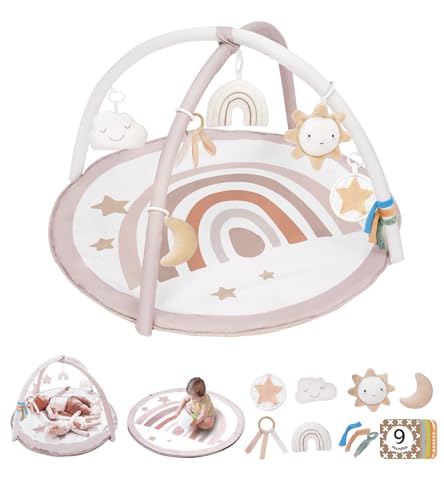 Baby Play Gym Mat, Tummy Time Activity Mat with 7 Detachable Toys and 12 Milestone Cards for Stage-Based Sensory and Motor Skill Development, Washable Play Mats for Infant, Newborn Baby Essentials
