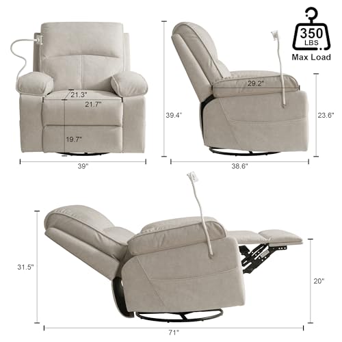 YuuYee Nursery Rocking Chairs Glider Recliner with Flexible Phone Holder, Oversized 360° Swivel Rocker Recliner, Comfortable Nursing Chair for Baby Breastfeeding, Manual Reclining, Velvet, Beige