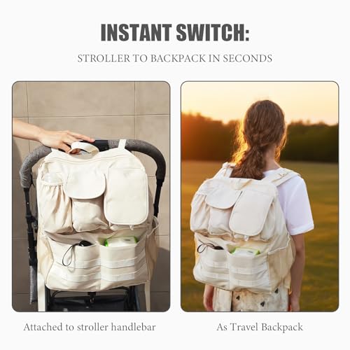 JIYIFOUHY 2-in-1 Stroller Organizer Baby Diaper Bag Backpack,Insulated Bottle Holder,Wipes and Phone Pocket,Shoulder Strap Toddler Travel Essential Storage Universal Stroller Accessory (Beige)