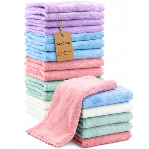 MIXCOOL 20 Pack 10x10 Inches Microfiber Coral Fleece Baby Washcloths,Extra Absorbent,Soft Wash Clothes,Bath Face Towel for Newborn,Infant and Toddlers (Muticolor)