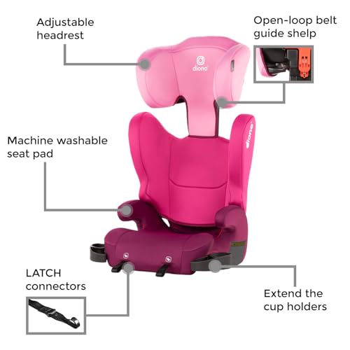 Diono Cambria LE, 2-in-1 Belt Positioning Booster Seat,Backless and High-Back Booster seat for Children from 40—120 lb,17" Wide,6 Headrest Positions,Lightweight with Latch,Pink