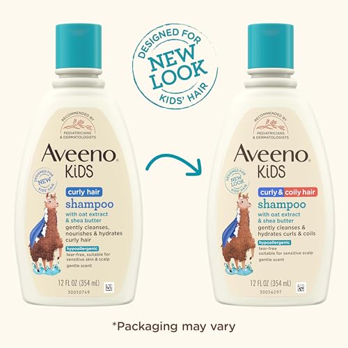 Aveeno Kids Curly & Coily Hair Shampoo, Hydrating Shampoo for Type 3 & 4 Hair, Kids Curly Hair Products suitable for Sensitive Scalps with Oat Extract & Shea Butter, Paraben-Free, 12 fl. oz