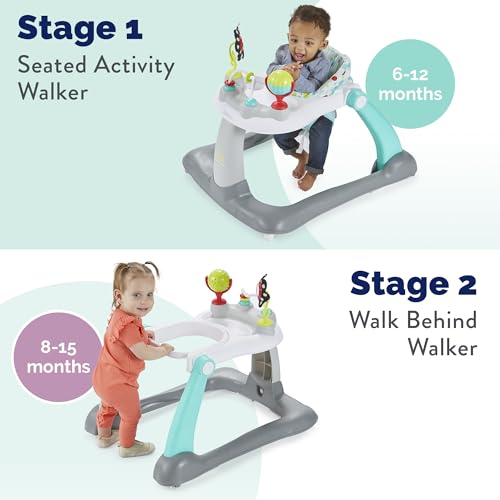 Kolcraft Tiny Steps 2 in 1 Foldable Infant and Baby Walker with Wheels, Seated or Walk Behind Activity Center, Entertaining Developmental Activities for Boys and Girls, Wide Base Sturdy Frame