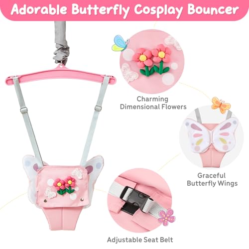 FUNLIO Baby Jumper with Stand for 6-24 Months, Infant Jumper for Indoor/Outdoor Play, Toddler Jumper for Baby Girl/Boy, with Adjustable Chain, Easy to Assemble & Store (with Stand) - Pink Butterfly