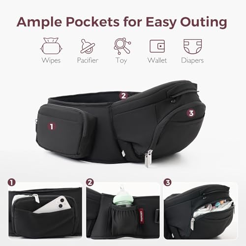 Momcozy Baby Carrier with Hip Seat, 2-in-1 Forward-Facing Carry for Long Walks, Detachable Hands-Free Infant Carrier up to 44lbs, All Seasons Toddler Carrier Fits Waist Sizes up to 45 Inches, Black