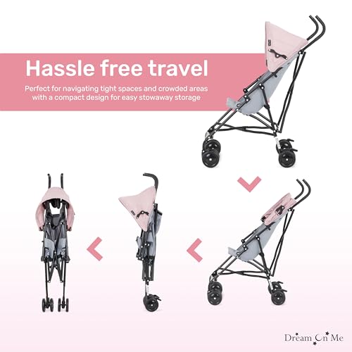 Dream On Me Aero Travel Umbrella Stroller, One-Hand Quick Fold, 3-Point Safety Harness, Dual Brakes, Adjustable Removable Canopy, Lightweight Compact & Space-Saving, for 6 to 36 Months – Pink