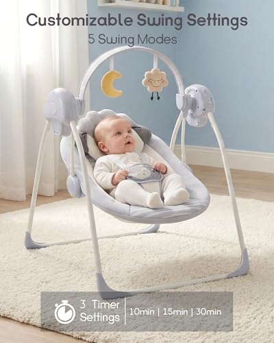 Baby Swings for Infants, Portable Baby Swing with 5-Speed, with Music and Timing for 0-9 Months 6-20 lbs
