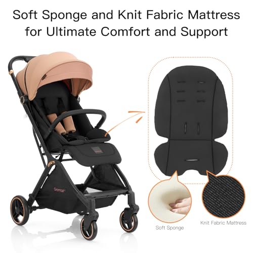 Gromast Gravity Folding Baby Stroller - Portable Travel Toddler Stroller w/Adjustable Backrest, Canopy & Cup Holder, Lightweight and UV Protected, One-Hand Automatic Folding - Khaki