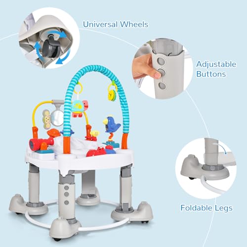 INFANS Baby Bouncer Activity Center, 5 in 1 Toddler Bouncing Activity Saucer Playtime Mat Activity Table with 360°Rotating Seat, 3 Adjustable Height, Foldable Exersaucer Learning Walker (Light Grey)