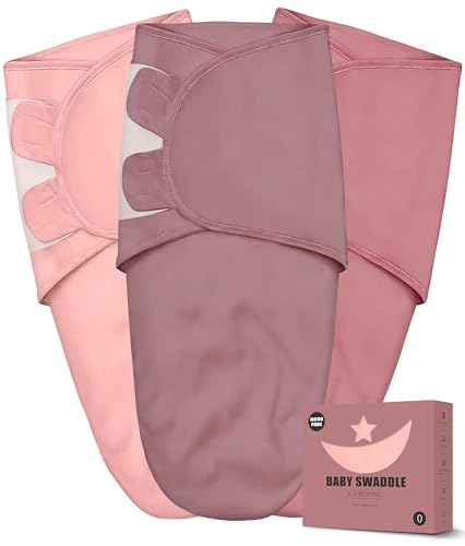 Newborn Swaddle Blanket Wrap 0-3 Months (3-Pack) - Adjustable Infant Sleep Sack, 100% Cotton Anti-Startle Soothing Sack, Soft Breathable Nursery Bedding - Dusty Rose + Pearl + Mauve