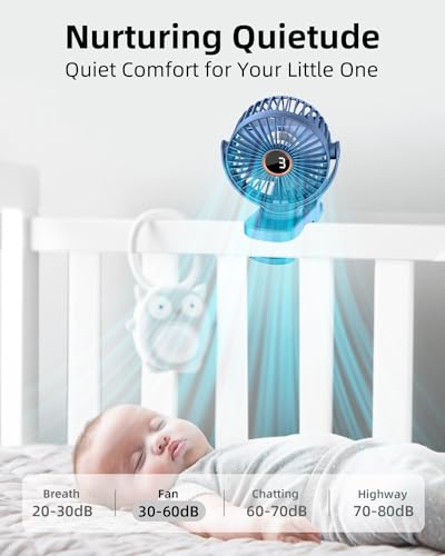 buywoo Portable Mini Personal Fan, Small Rechargeable Battery Powered Stroller Fan for Desk, Strong Clamp Grip, 360° Rotation, 3-Speed, LED Display, Clip On Cooler for Bed, Golf Cart, Office, Blue