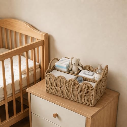 wwmayfeel Diaper Caddy Organizer, Paper Rope Storage Baskets Nursery Bin with Removable Divider, Woven Scalloped Portable Car Organizer for Diapers, Baby Shower Gifts, Newborn Essentials Must Haves