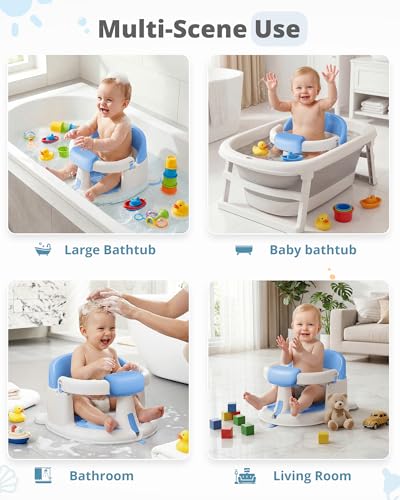 ONTHEWEI Baby Bath Seats for Babies Sitting Up, Non-Slip Baby Bathtub with 3 Suction Cups, Safe & Comfortable Toddler Bath Seat Ideal for Baby Bath/Shower Support, Stable Design, Blue (6-24 Months)