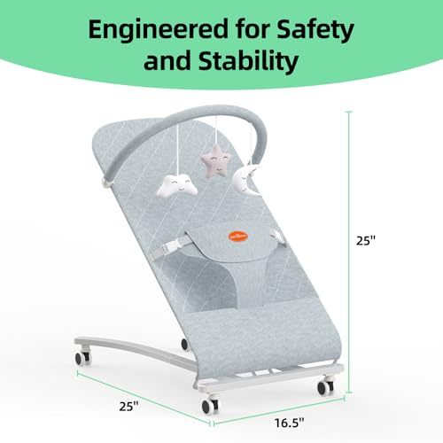 Gryvoth Portable Baby Bouncer Seat 0-18 Months,Detachable Piano & Hanging Toys,3-Level Recline (Rock/Fix),Foldable with Quiet Wheels,Baby Shower