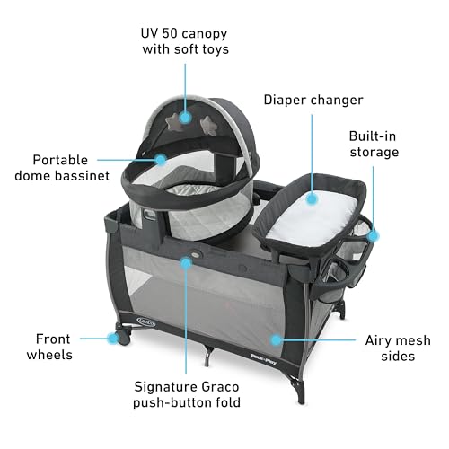 Graco® Pack n Play Dome LX Playard with Baby Bassinet Lightweight Portable Crib Push-Button Fold Travel Crib Redmond Convertible