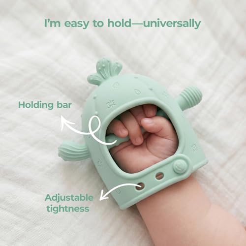 Momcozy Baby Teething Toys, Food Grade Silicone Baby Teether，Teething Mitten for Babies 0–6 Months，Teethers for Babies 6–12 Months，Anti Drop Wrist Teether with Multiple Chew Points， Mint Green