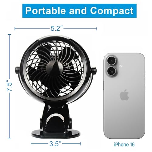 Gazeled Clip on Fan Battery Operated, 360° Rotation, with 8 Free AA Batteries, Quiet USB or Battery Operated Fan, 5'' Portable Battery Powered Clip on Fans for Camping, Stroller, Bedroom, Outdoor