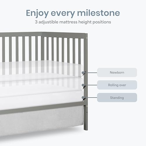 Dream On Me Synergy 5-in-1 Convertible Full-Size Baby Crib with Toddler, Day & Full Bed Conversion in Cool Grey, GreenGuard Gold & BSA, 3 Mattress Heights, Sustainable Pinewood