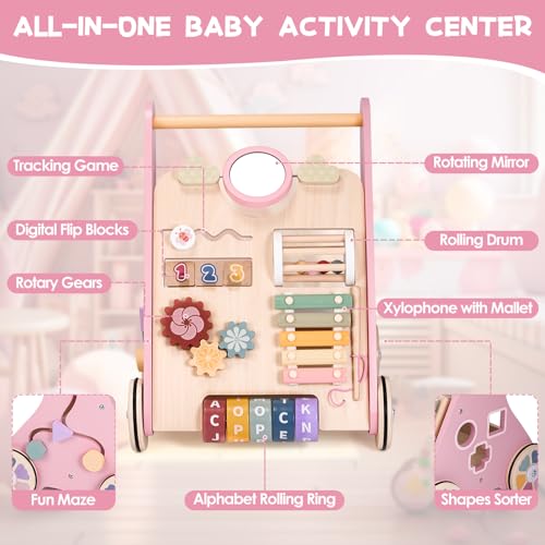 Wooden Baby Walker with Wheels, Adjustable Speed Baby Push Walker, Montessori Walking Toys for Girls Boys, Push and Pull Learning with Baby Activity Center, Christmas Birthday Gifts for Toddler