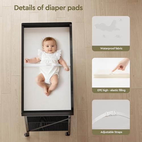 Yetom Baby Changing Table, Diaper Changing Station with Pad and Wheels, Two-Tier Open Storage Shelves, Waterproof Diaper pad & Safety Strap,Compact Baby Furniture for Nursery, Black